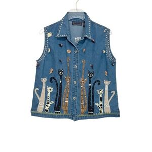 Lifestyle Vintage Denim Cat Vest Blue Embroidered Cat Themed - Size Large